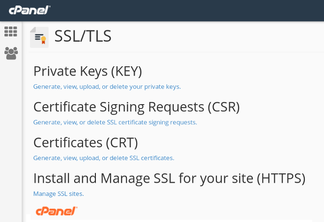 cPanel Security SSL/TLS menu